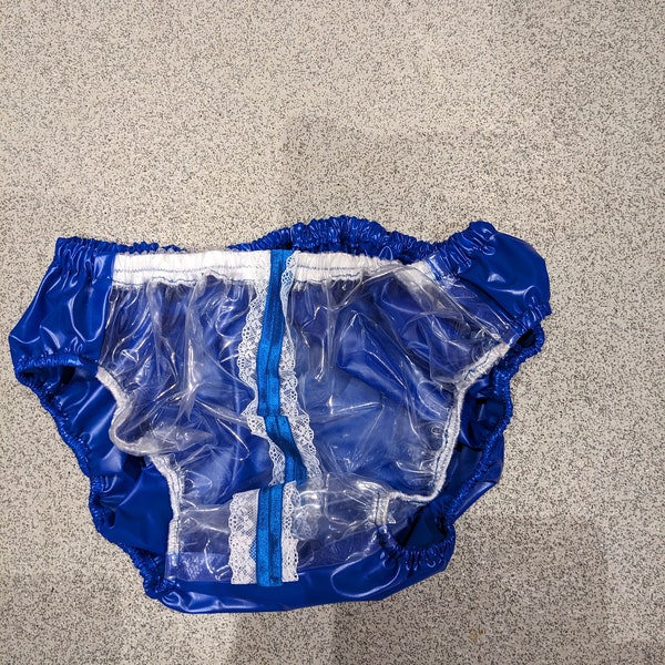 Waterproof soft royal blue/clear glass lacy sissy plastic pants (24-49)