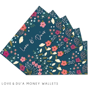 5 portefeuilles d'argent | Love & Dua | Carte-cadeau | Enveloppes | Emballage multiple | Floral bleu marine | MW LD02