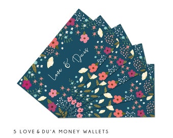 5 x Money Wallets, Love & Dua, Gift Card, Envelopes, Multipack, Navy Floral