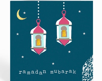 Ramadan Mubarak Card In Navy With Lanterns, Crescent Moon And Stars - DM01