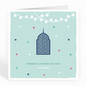 Shahada. Nuovo musulmano. Benvenuto all'Islam Card. Arco geometrico. Acqua - FM25