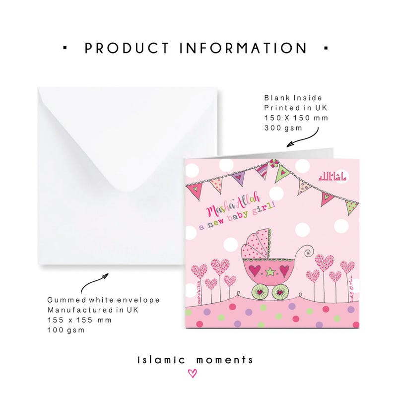 May include: A pink greeting card with a baby carriage illustration and the text "Masha Allah a new baby girl!". The card is 150 x 150 mm and comes with a white envelope, also 155 x 155 mm. The card is printed in the UK.