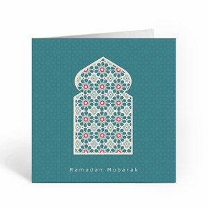 Carte Ramadan Moubarak verte. Aqua . Géométrique. Motif islamique. Arc arabe - RM 02