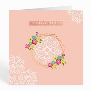 Cartão de felicitações Eid Mubarak de geometria elegante em pêssego - HE04
