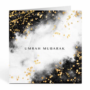 Umrah Mubarak-kaart met zwarte en gouden spikkels. Islamitische wenskaart - UM 03