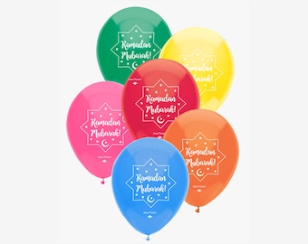 May include: Six colorful latex balloons with the text "Ramadan Mubarak!" printed on them. The balloons are green, yellow, pink, red, blue, and orange.