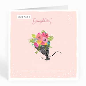 Dearest Daughter. Biglietto di auguri islamico con Du'a. Bouquet floreale rosa - FM17