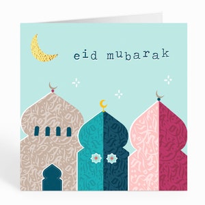 Tarjeta de felicitación para Eid Mubarak. Tres mezquitas. Azul aguamarina y rosa. Mezquita con caligrafía islámica. DM 06