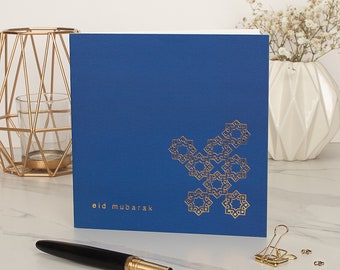 Stunning Geometric Eid Mubarak Greeting Card in Cobalt Blue - Gold Foiled - RC 27