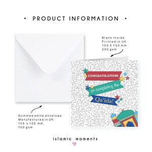 May include: A congratulatory card with a colorful design featuring Arabic calligraphy and a mosque. The card reads "Congratulations on completing the Qa'ida!" and is printed on 300 gsm card stock. It comes with a white envelope.
