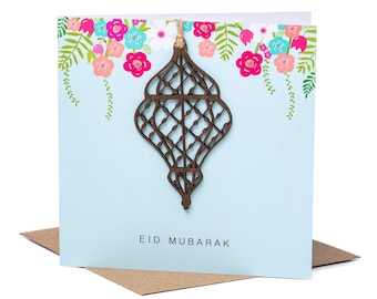 Luxury Laser Cut Wooden Lantern Eid Mubarak Greeting Card in Blue - PR 05