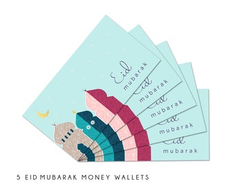 Multipack Of 5 Eid Mubarak Money Wallets, Eidi Envelopes, Gift Cards, Aqua Mosque