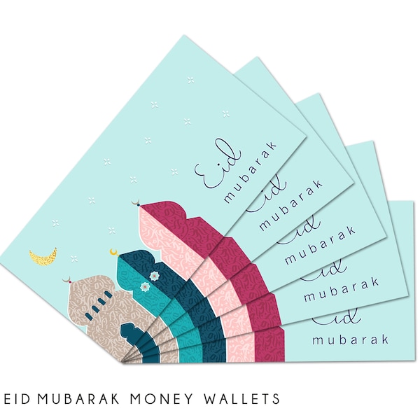 Multipack Of 5 Eid Mubarak Money Wallets, Eidi Envelopes, Gift Cards, Aqua Mosque