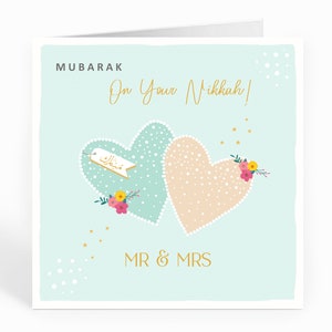 Tarjeta de felicitación islámica para el señor y la señora Nikkah Mubarak. Elegantes corazones de amor en tonos pastel - FM08