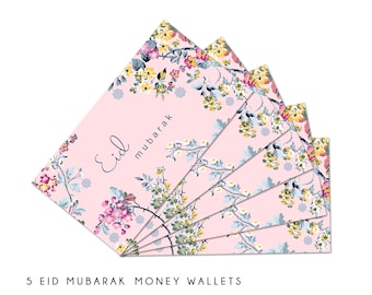 Multipack of 5 Pink Floral Eid Mubarak Money Wallets | Eid Gift Cards | MW SK