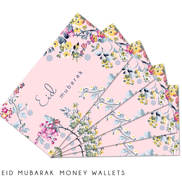 Multipack of 5 Pink Floral Eid Mubarak Money Wallets Eid Gift Cards - MW SK