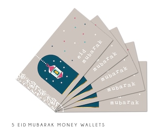 Multipack Of 5 Eid Mubarak Money Wallets, Eidi Envelopes, Gift Cards, Taupe Lantern