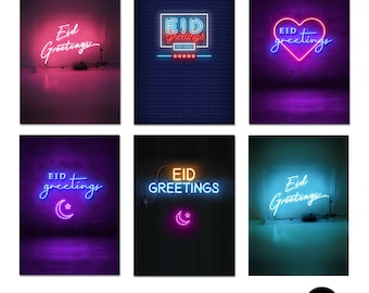 Multipack of Eid Mubarak Cards 6 Designs - Eid Greeting Cards Neon Lights - MP NL