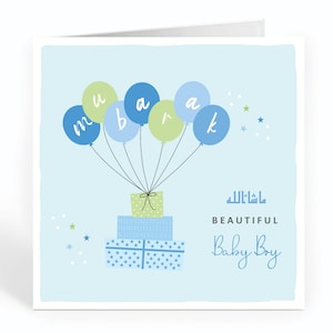 Nieuwe islamitische wenskaart voor babyjongen. Blauwe ballonnen. Baby Son Mubarak-kaart - FM03
