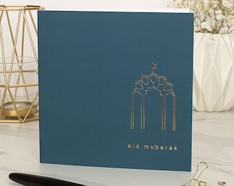 Carte de vœux de luxe Eid Mubarak en bleu pétrole - Feuille d'or - RC 28