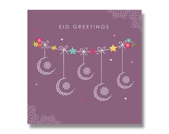 Hanging Crescent and Star Eid Greetings Card in Purple - HE 07