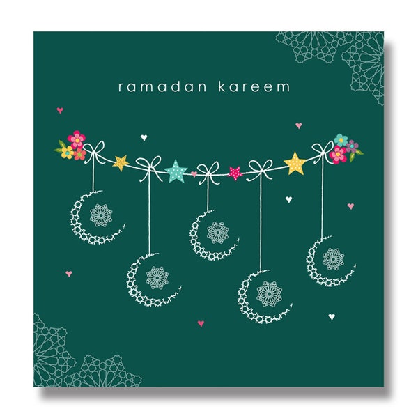 Ramadan Kareem Card, Green Hanging Crescents - HE 09
