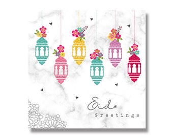 Hanging Lanterns Eid Mubarak Greeting Card - HE 03