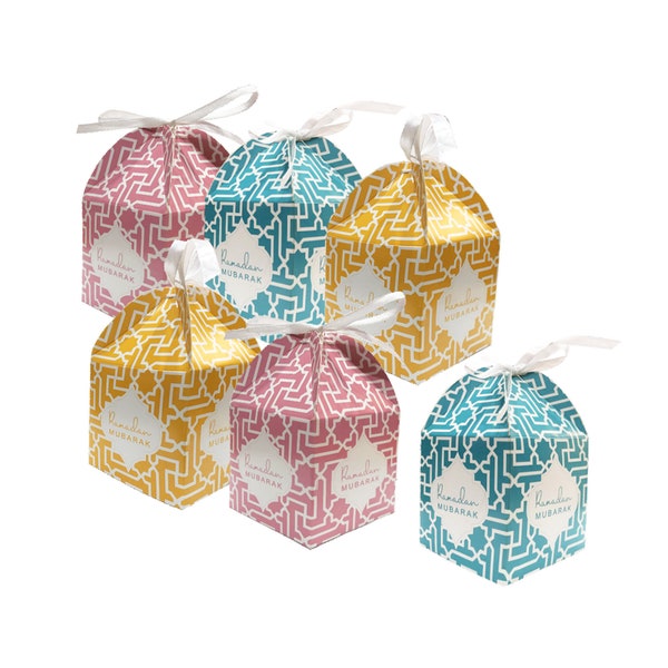 Ensemble de 6 boîtes-cadeaux pour cadeaux iftar pour le Ramadan Mubarak, motif géométrique pastel