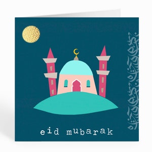 Eid Mubarak-hälsningskort i marinblått. Moské. Masjid och minaret med arabisk kalligrafi - DM 05