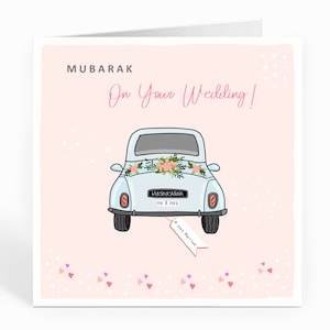 Biglietto di auguri islamico per matrimonio Mubarak. Biglietto rosa per auto da matrimonio - FM10