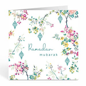 Carte Ramadan Moubarak. Fleurs et lanternes blanches - SK 01