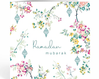 Ramadan Mubarak Card . Blossoms & Lanterns In White - SK 01