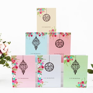 Multipack van 6 Eid Mubarak-kaarten in pastelkleuren | Eid-wenskaarten | Lantaarns - MP PR