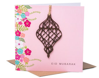 Luxury Laser Cut Wooden Lantern Eid Mubarak Card in Pink - PR 03