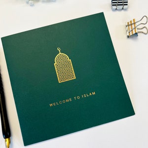 Neue Muslim, Shahada, Revert, Geometrischer Bogen Grün & Goldlaminierte Islamische Karte - CR 48