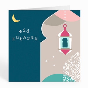 Eid Mubarak-hälsningskort i marinblått med båge, lykta och kalligrafi - DM 03