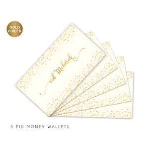 Multipack Of 5 Eid Mubarak Money Wallets, Gold Foiled, Eidi Envelope, Gift Cards, Cream & Gold