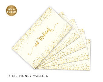 Multipack Of 5 Eid Mubarak Money Wallets, Gold Foiled, Eidi Envelope, Gift Cards, Cream & Gold