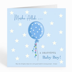 Masha'Allah, es un niño, tarjeta de felicitación islámica para un nuevo bebé, globo azul, tarjeta de Mubarak para un bebé - FM01
