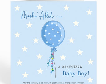 Masha'Allah It's A Boy New Baby Islamic Greeting Card . Blue Balloon . Baby Son Mubarak Card  - FM01