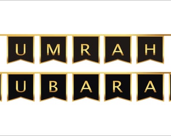 Gold Foil Umrah Mubarak Letter Bunting Black & Gold - 10 Bunting Flags - PLU 01