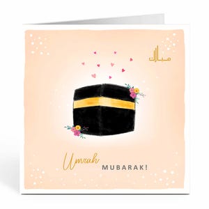Cartão de Saudação Umrah Mubarak. Kaaba Floral. Pêssego - UM 05