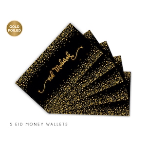 Multipack van 5 Eid Mubarak-geldportefeuilles | Goud verijdeld | Eidi-envelop | Cadeaukaarten | Zwart-gouden MW GF01