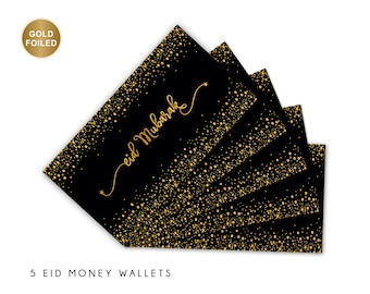 Multipack Of 5 Eid Mubarak Money Wallets, Gold Foiled, Eidi Envelope, Gift Cards, Black & Gold