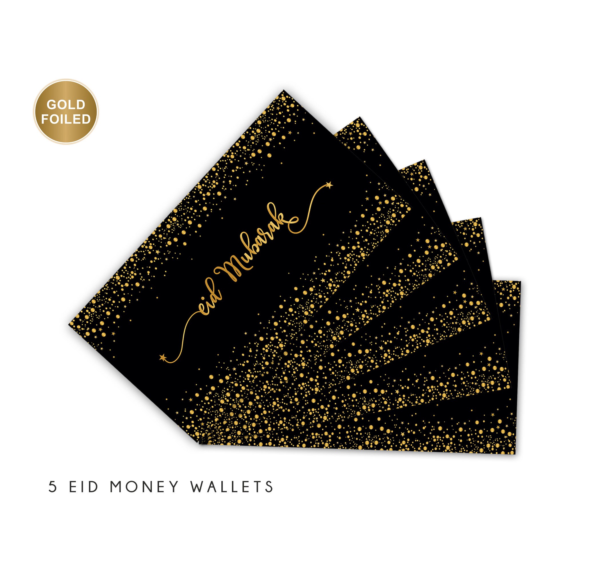 Multipack Of 5 Eid Mubarak Money Wallets | Gold Foiled | Eidi Envelope |Gift Cards | Black & Gold MW GF01