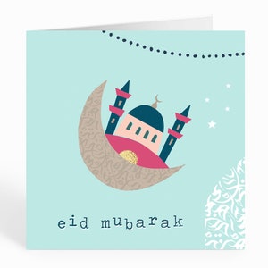 Eid Mubarak-moskéns hälsningskort. Aqua. Halvmåne. Rosa moské - DM 08