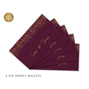 Lot de 5 enveloppes Love & Du'as | Feuille d'or | Portefeuilles Eidi | Cartes-cadeaux | Bourgogne | Or - MW GF03