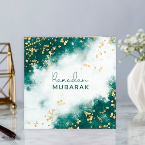 Tarjeta Ramadan Mubarak en verde esmeralda y dorado: 01 RM