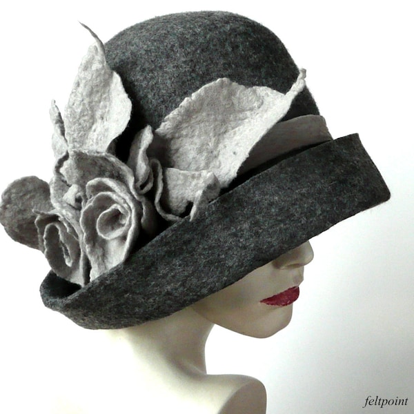 Grey Felted  Hat felt hat Cloche Hat Flapper 1920's hat, Art Hat  Victorian 1920's  Wool Women's hat Women Mother of the bride hat