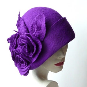 Purple Felted hat felt hats Women&#39;s  hat Cloche Hats felted hats 1920s hat Retro hat Purple Hat Victorian 1920&#39;s  roses felt hats